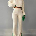 Knit Two Piece Outfit Color Block Cropped Top Long Pants Ribbed Sweater Set