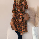 Long-sleeved Leopard Print Button Mid Dress with Belt
