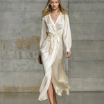 Women's Elegant Beige Satin Shirt Collar Long-sleeved Loose-fitting Midi Dress