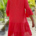 V-Neck 3/4 Sleeve Loose Embroidered Hollow Out Plus Size Blouse Dress