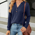 Solid Color V-Neck Button Loose Long Sleeve T-Shirt Top