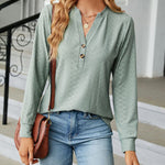 Solid Color V-Neck Buttoned Jacquard Loose-Fitting Long-Sleeved T-Shirt Top