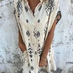 Linen Blend Unique Print Lapel Casual Pocket Mini Dress