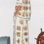 Lakeside Breeze Linen Blend Unique Print Short Sleeve Button Oversized Blouse