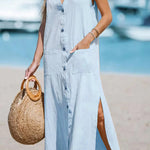 Cotton and linen sleeveless solid color single-breasted loose V-neck dress