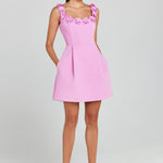 Cindy Faux Pearl Flower Applique Square Neck Pocketed Mini Dress