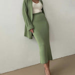 Two Piece Outfit Sweater Set Knitted Cardigan Loose High Waist Long Skirts