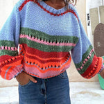 Rainbow Mood Multicolor Round Neck Hollow Long Sleeve Knitted Sweater