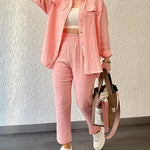 Nadorine Double Crepe Loose Oversized Lapel Long Sleeve Shirt Casual Pants Set