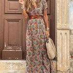 V Neck Short Sleeve Print Dress Belt Big Hem Beach Dress Elegant Long Dress