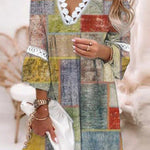 V-neck printed lace stitching bohemian casual holiday dress