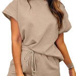 Women's Solid Textured Drawstring Shorts Set