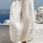 Vacation Retro White Cotton Linen Short-Sleeve Hooded Top And Balloon Pants Set