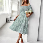 Short Sleeve Off Shoulder Floral Dress Slim Fit Casual Ruched Dresses