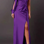One-shoulder satin twisted high-slit maxi dress