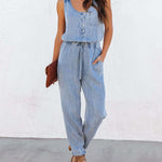 Summer Sleeveless Denim Jumpsuit Fitted Scoop Neck Jumpsuit Chic Casual Travel Overalls