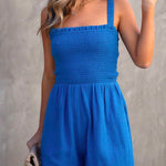 Square Collar Frill Smocked Solid Cami Romper
