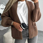 Solid Color V-neck Long-sleeved Casual Knitted Cardigan