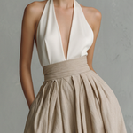 Women's Minimalist White And Khaki Color-blocked Long Dress With A Cinched Waist