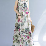 Sleeveless Beach Dress Vintage Loose Floral Print Maxi Dress