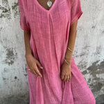 V Neck Loose Fit Cotton Linen Midi Dress