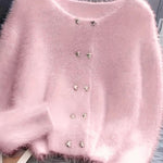 Luna ��� Fluffy Heart-Button Knit Sweater
