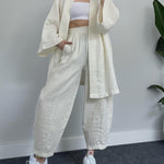 Nadorine Women's Casual Loungewear Set Solid Color Loose Long Sleeve Kimono Cardigan and Pants