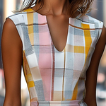 Classic V-neck Plaid Print Sleeveless Pencil Dress