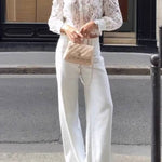 French-style lace openwork collared puff sleeve short shirt