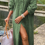 COTTON LINEN BUTTON SOLID DRESS