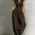 Women's Minimalist Linen Blend Jumpsuit With Cap Sleeves And Wide Legs