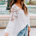 Nadorine Lace Boho Blouses Crochet Flowy Bell Sleeve Button Down Casual T Shirts