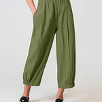 Solid Color Elastic Waist Stitching Straight High Waist Cropped Casual Pants