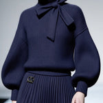 Loose Puff Sleeves Bowknot Solid Color Split-Joint High Neck Sweater Tops