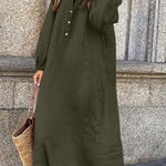 Cotton linen solid color long-sleeved V-neck button long jumpsuit