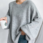 Stretch Mohair-Blend Balloon Sleeves Loose Solid Round-Neck Sweater Tops