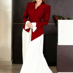 Elasticated Waist Flared Sleeves Asymmetric Belted Buttoned Contrast Color Split-Joint Stand Collar Blouses&Shirts Tops