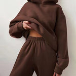Nadorine Casual Solid Color Long Sleeve Hooded Sports Suit Hoodie Sweatshirt Two Piece Set