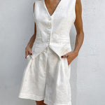 Two Pieces Sets Slim Solid Sleeveless V-Neck Tops Waistcoat High Waist Casual Short Pants Suit