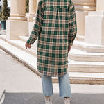 Nadorine Plaid Longline Button-Up Shacket Lapel Neck Long Sleeve Shirt Pocket