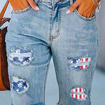 Independence Day Knee-Length Denim Shorts Flag Frayed Ripped Distressed Stretch Jeans
