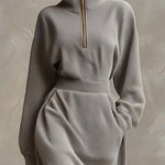 Exquisite Casual Lapel Front Zipper Long Sleeve Light Gray Waffle Fabric Maxi Dress