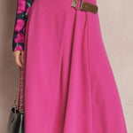 Leather Stitching Solid Color Fashionable Skirt, Elegant and Artistic Retro Skirt for Women