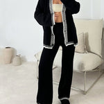 Nadorine Women's Casual Two-pieces Outfits Contrast Trim Knitted Cardigan and Trousers Pants Sets