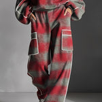 Women's Red And Gray Plaid Brushed Distressed Street Style Color-Blocked Piping Pantsuit Set