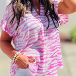 Rose Zebra Striped V-Neck Rolled-up Sleeve Blouse