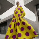 Long Sleeves Loose Big Hemline Contrast Color Pleated Polka Dot Split-Joint Half Turtleneck Maxi Dresses