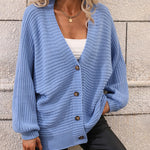 Nadorine Women's Button Down Horizontal-Ribbing Longline Cardigan