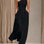 Women's Elegant Black Stretchy Knit Sleeveless One-shoulder Top And Wide-leg Pants Set MDZ0515A4AN