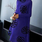 A-Line Long Sleeves Flower Print Mock Neck Midi Dresses